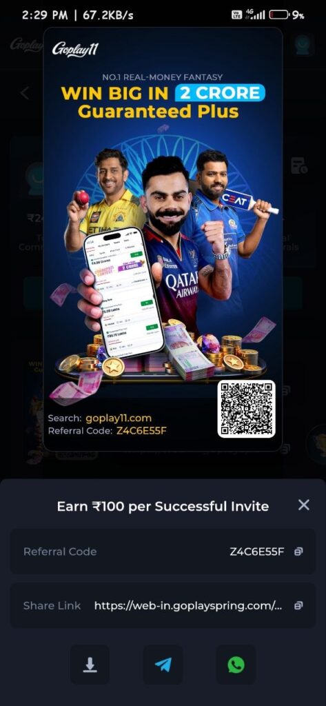Goplay11 Goplay Cricket APK fantasy cricket app promotional screen with player images and referral section