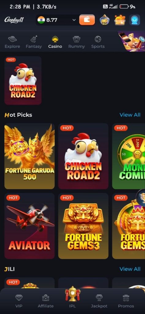 Goplay11 Goplay Cricket APK casino game interface with hot picks and popular games