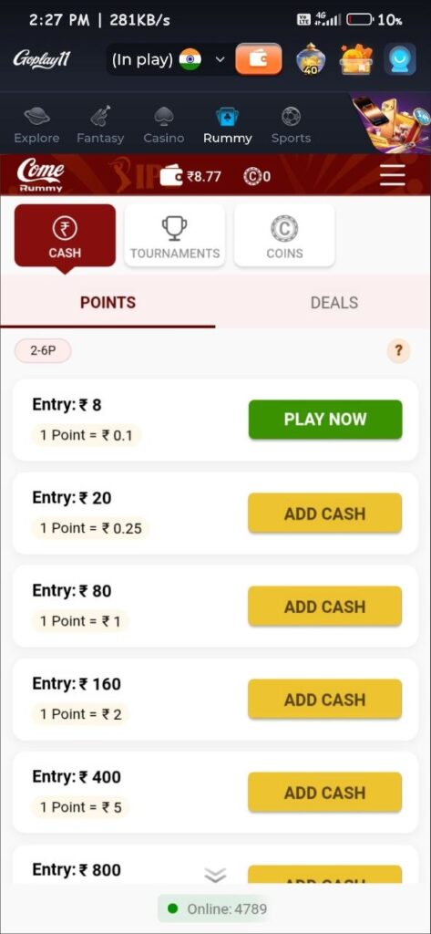 Goplay11 Goplay Cricket APK rummy game interface with cash and tournament options