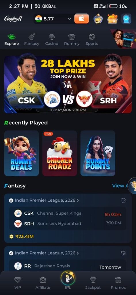 Goplay11 Goplay Cricket APK app interface with cricket fantasy and sports sections